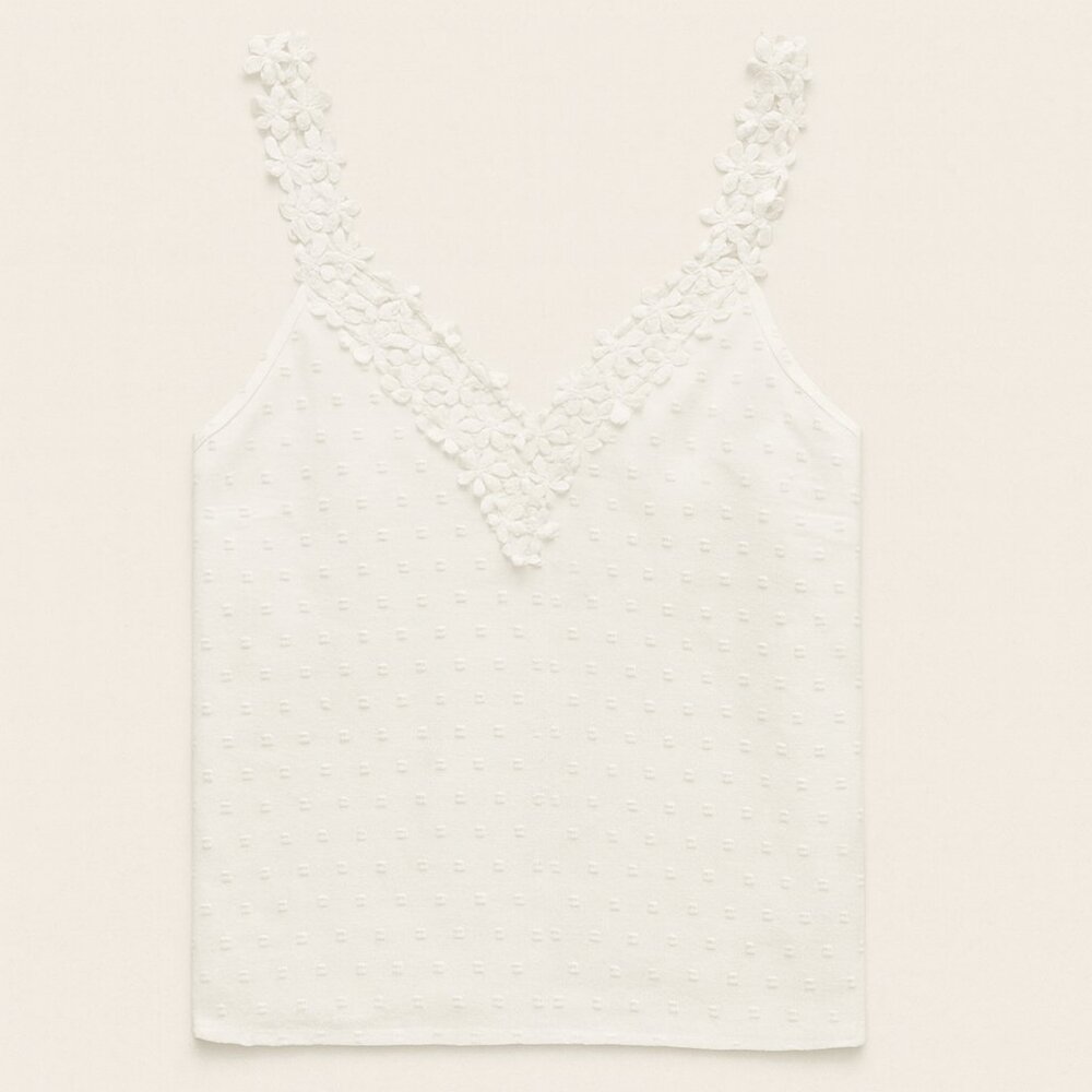 vintage white detailed textured white flower tank